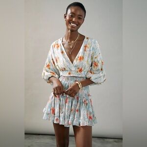 MISA Layla Skirt Floral Powder Blue Poppy Red Ruffled Hem Mini Stretch XS S